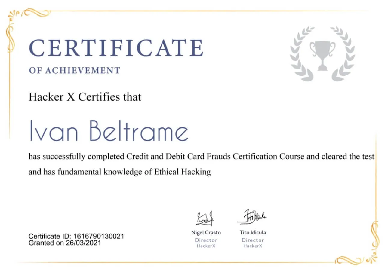 Certificato Credit and debit card frauds