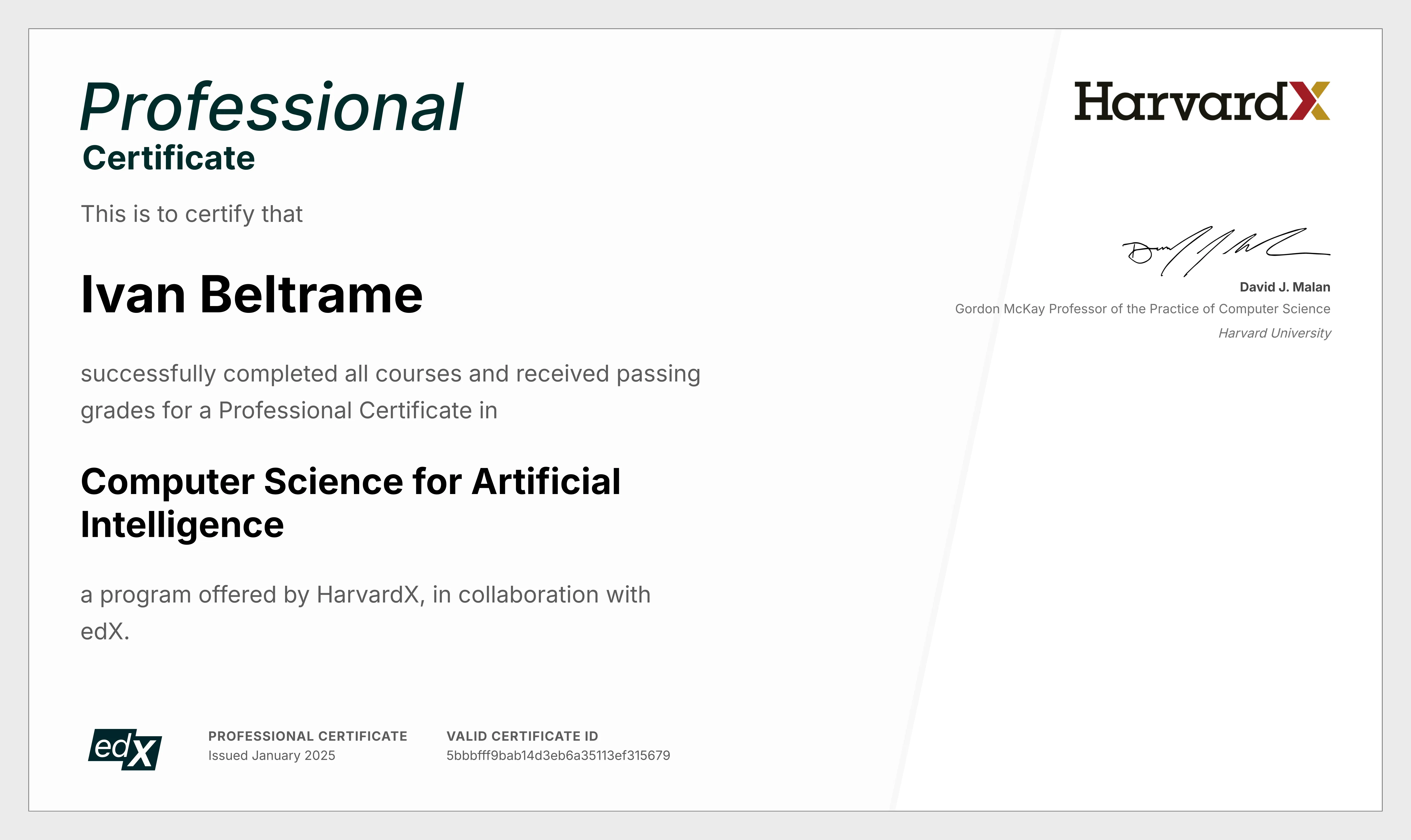 Certificato CS50ai professionale