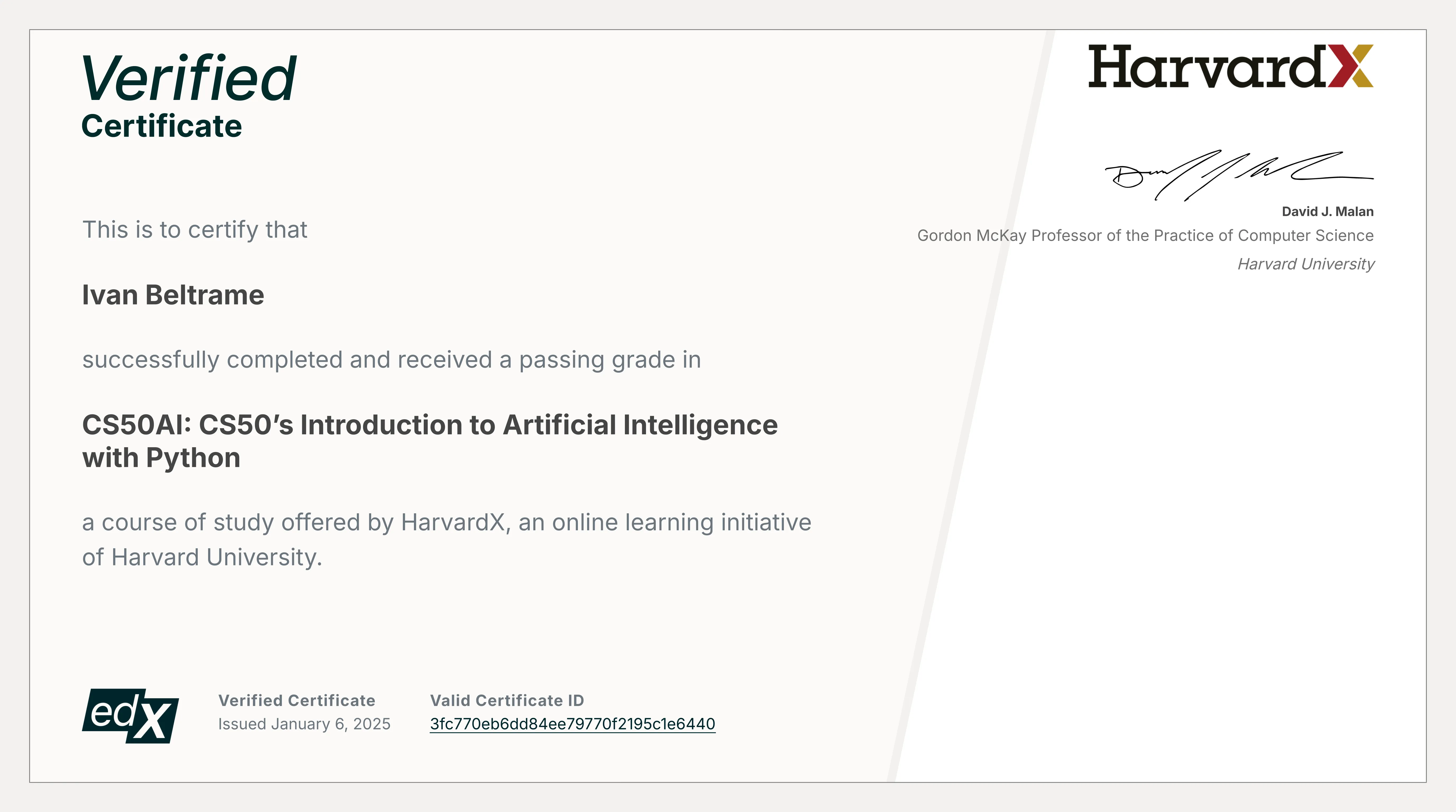Certificato CS50ai verificato