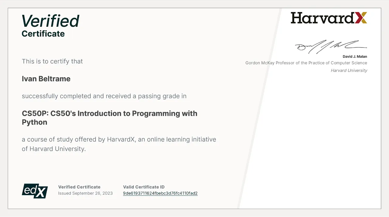 Certificato CS50p verificato