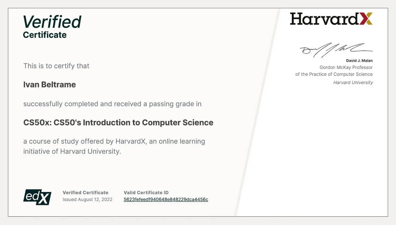 Certificato CS50x verificato