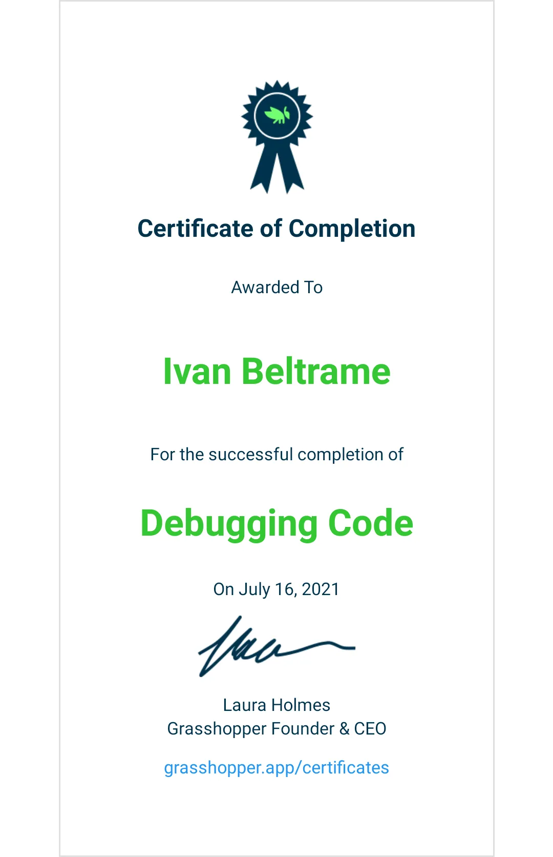 Certificato Debugging code
