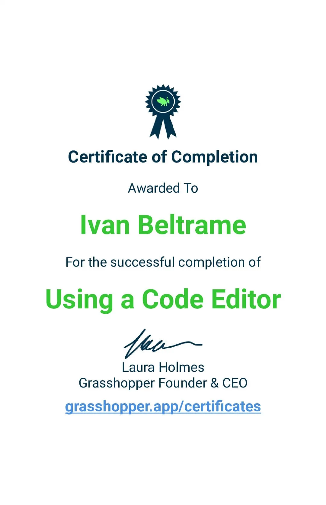 Certificato Code editor