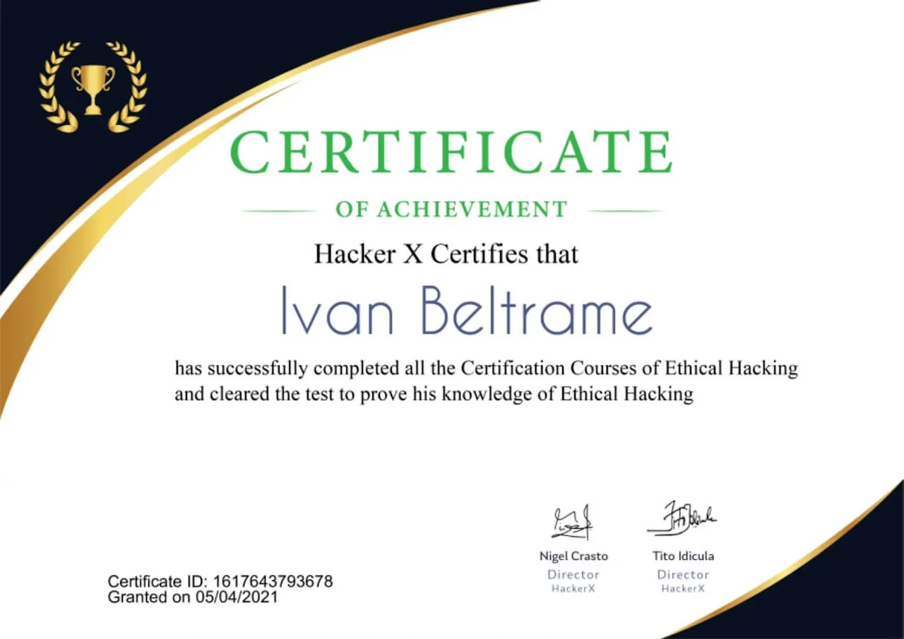 Certificato Courses of ethical hacking