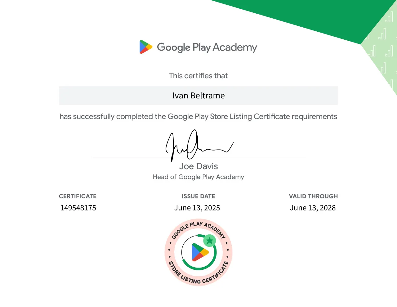 Certificato Play Store Listing