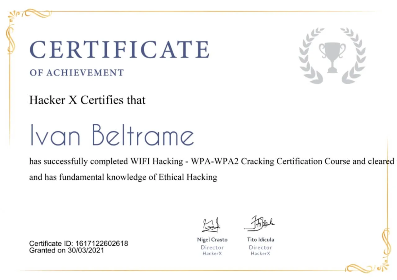 Certificato WiFi hacking WPA-WPA2