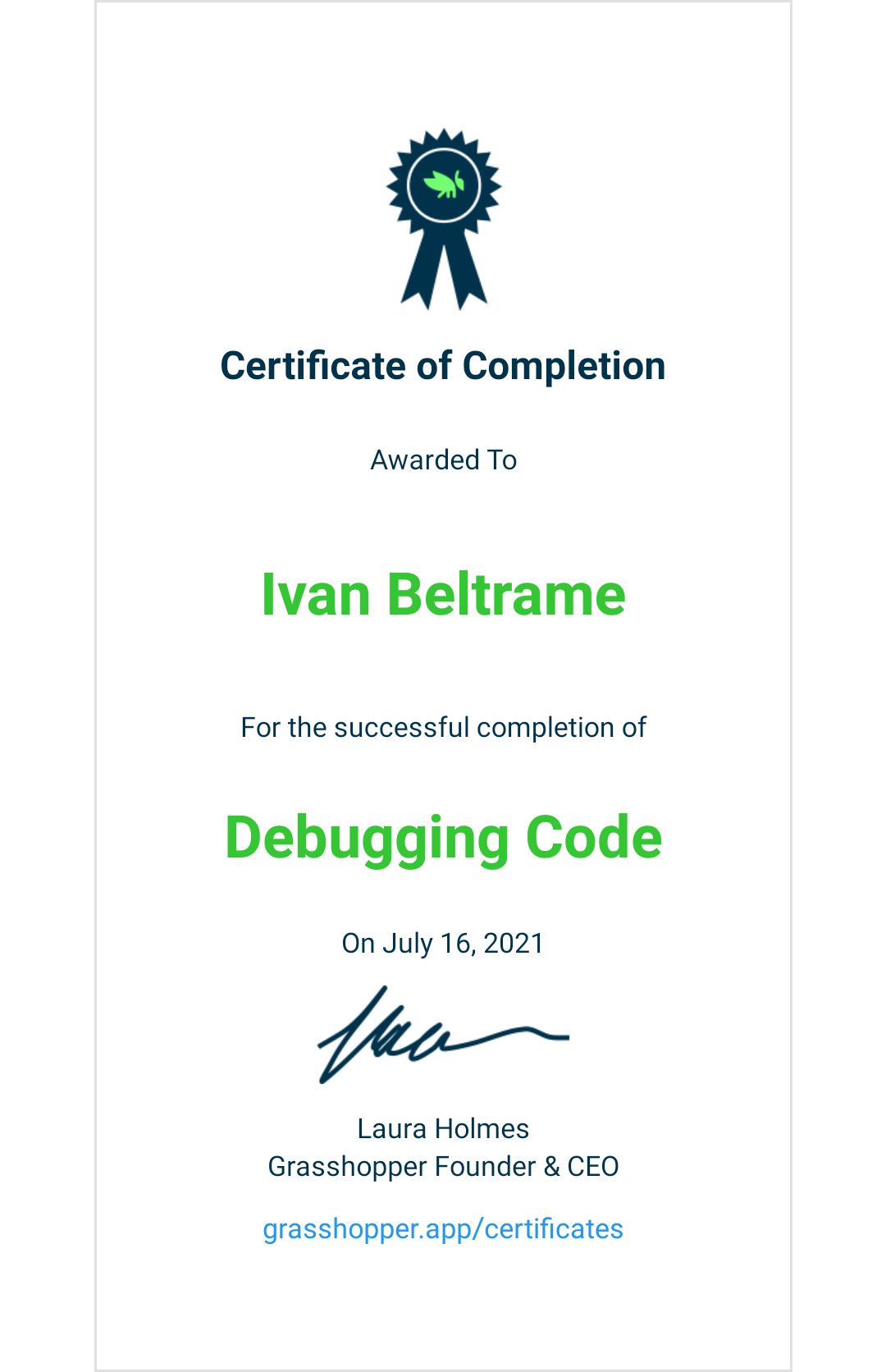 Certificato Debugging code