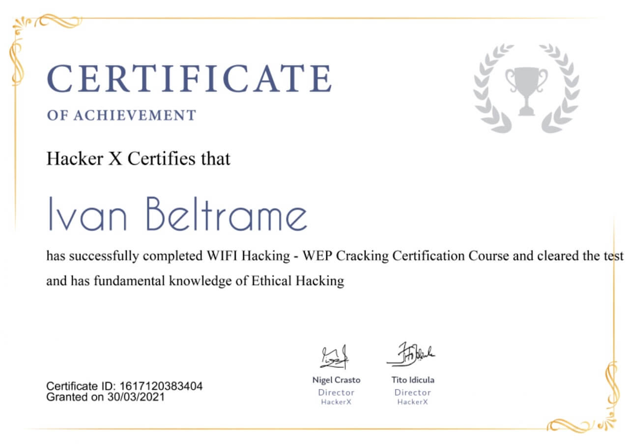 Certificato WiFi hacking WEP