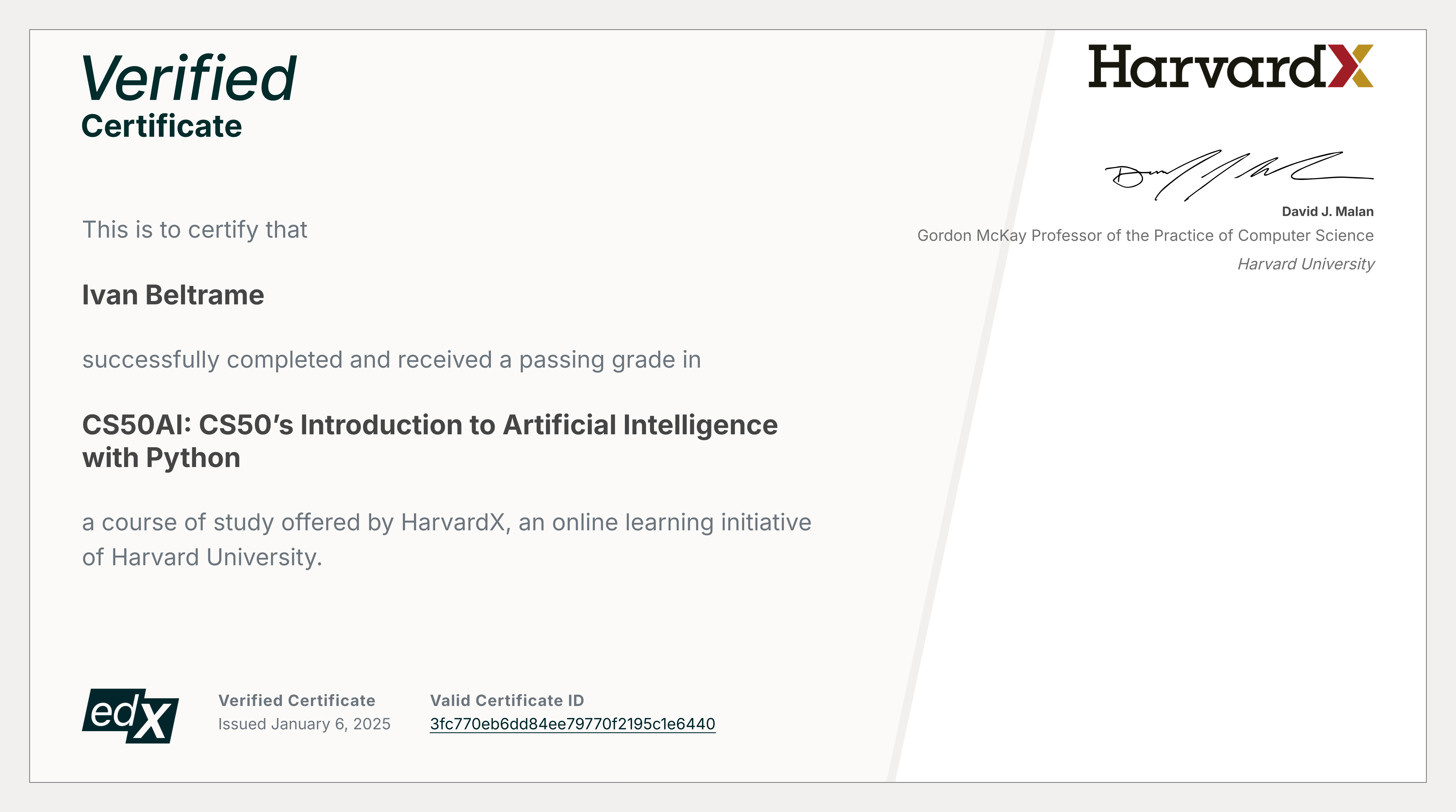 Certificato CS50ai verificato
