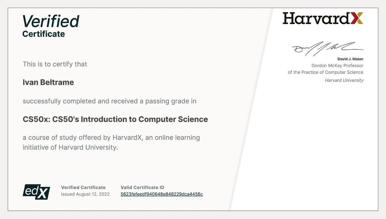 Certificato CS50x verificato